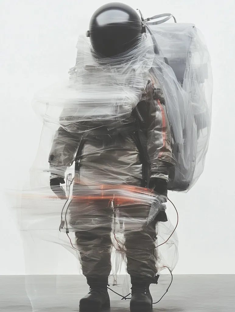 The image shows a spacesuit figure completely enveloped in layers of clear plastic wrap. The astronaut's helmet is dark and visible through the plastic, while the suit's details are obscured.  Wires and cords are seen trailing from the figure, adding to the surreal and somewhat unsettling effect. The background is a plain, light grey, focusing attention on the wrapped figure.  The overall impression is one of confinement or fragility.