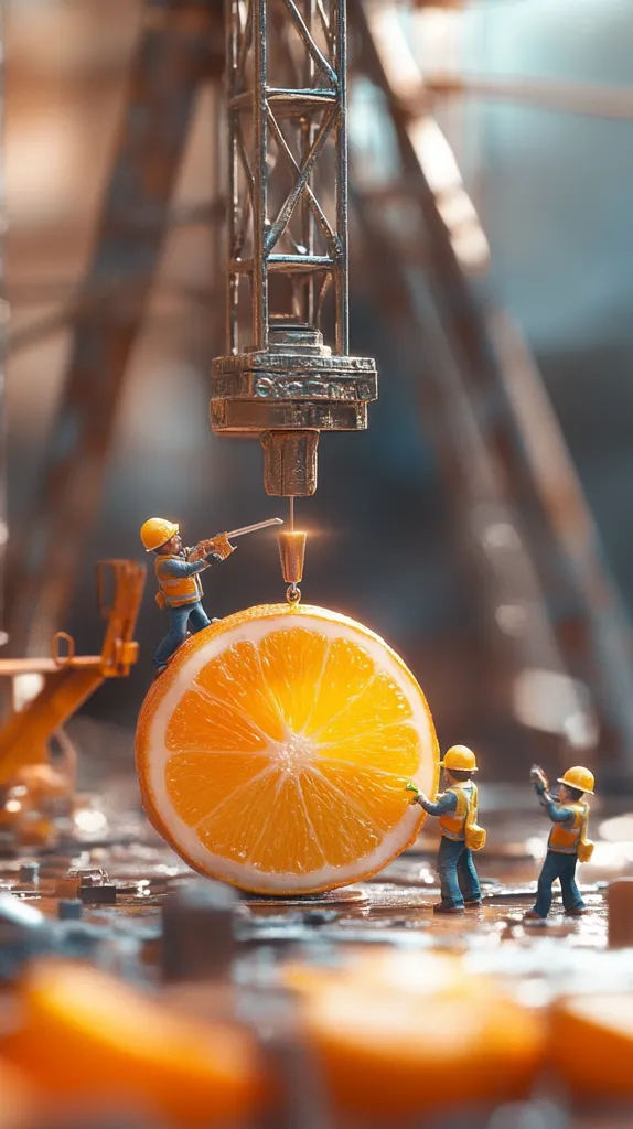 Miniature construction workers operate a tiny crane, precisely positioning it above a large orange slice.  The scene is meticulously detailed, showcasing a whimsical contrast between industrial machinery and a piece of fruit.  The workers, wearing hard hats and vests, appear engaged in their task.  The image is sharply focused, highlighting the artistry of the miniature setting.
