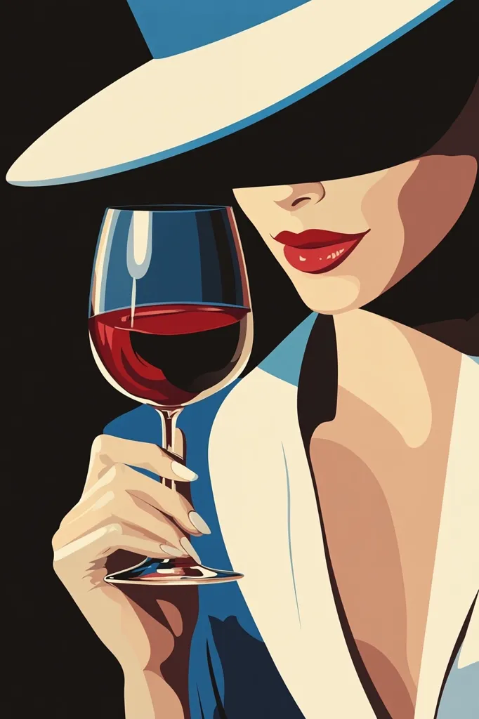 A stylized illustration of a woman in a wide-brimmed hat, partially obscuring her face.  She holds a glass of red wine, her hand elegantly positioned. The image is bold and graphic, employing a limited color palette of blues, reds, and whites against a black background. The overall mood is sophisticated and mysterious.
