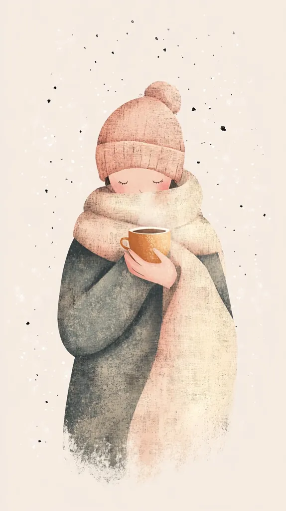 A charming illustration depicts a girl bundled in a cozy pink hat and scarf, cradling a warm mug.  Steam rises from the drink, suggesting a comforting hot beverage.  The muted colors and textured style evoke a feeling of warmth and winter tranquility, with subtle snowfall adding to the serene atmosphere.  The girl's peaceful expression enhances the image's overall sense of calm.
