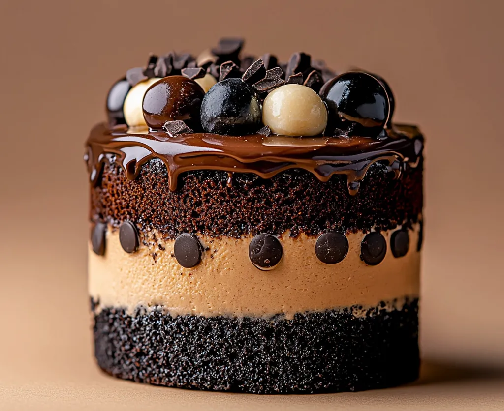 A decadent chocolate cake stands proudly.  Layered with moist chocolate cake and a creamy, light brown mousse, it's generously drizzled with rich chocolate ganache.  The top is adorned with dark and white chocolate balls and chocolate shavings, creating a visually appealing and delicious dessert.