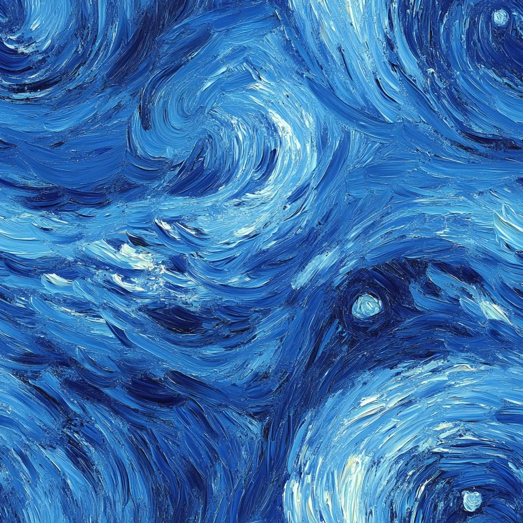 The image showcases an abstract painting in varying shades of blue, reminiscent of Van Gogh's style.  Thick, impasto brushstrokes create swirling, dynamic patterns across the canvas, evoking a sense of movement and energy.  The texture is highly visible, with the paint seemingly alive on the surface.  Highlights of lighter blue and white punctuate the deeper blues, adding depth and luminosity to the piece.