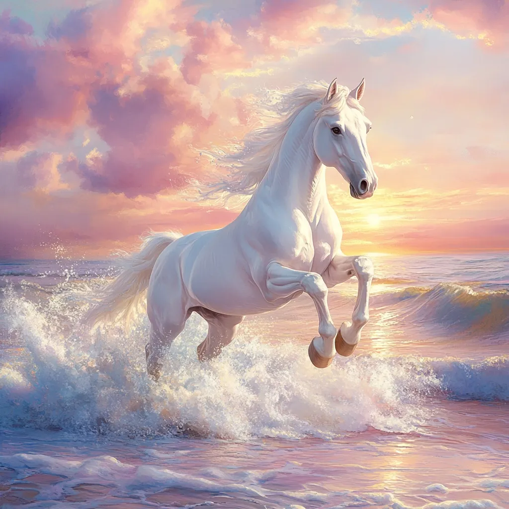 A majestic white horse gallops through ocean waves at sunset.  Its long flowing mane and tail catch the light, creating a breathtaking scene. The pink and orange hues of the sky reflect in the water, enhancing the ethereal beauty of the horse and its dynamic movement. The overall impression is one of freedom, grace, and magical wonder.