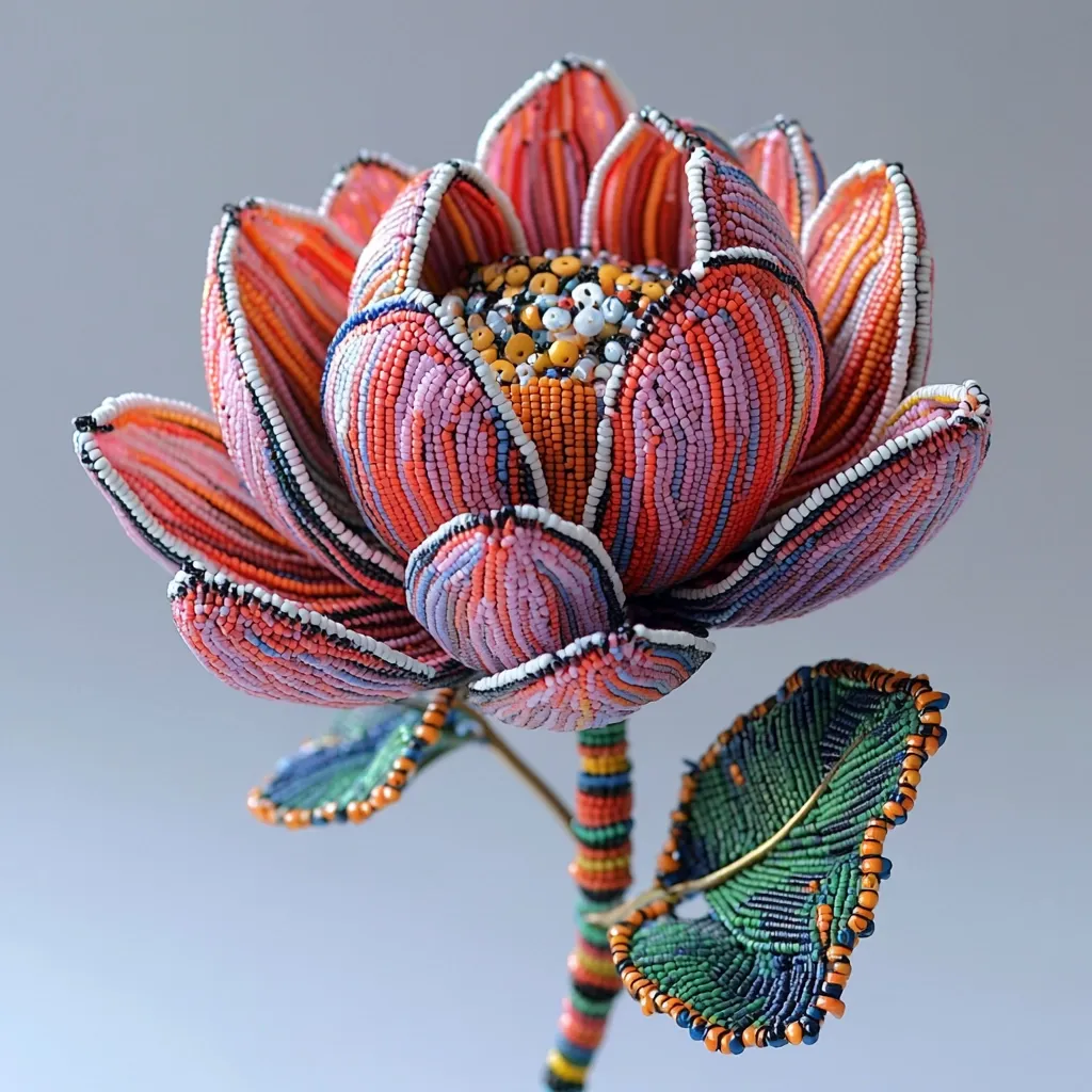 A meticulously crafted beaded flower, possibly a lotus, showcases vibrant hues of pink, orange, and green.  The intricate detail extends to the stem and leaf, all constructed from tiny beads, creating a striking three-dimensional effect. The artist's skill is evident in the seamless blending of colors and the realistic form of the blossom.  The piece is a stunning example of beadwork artistry.