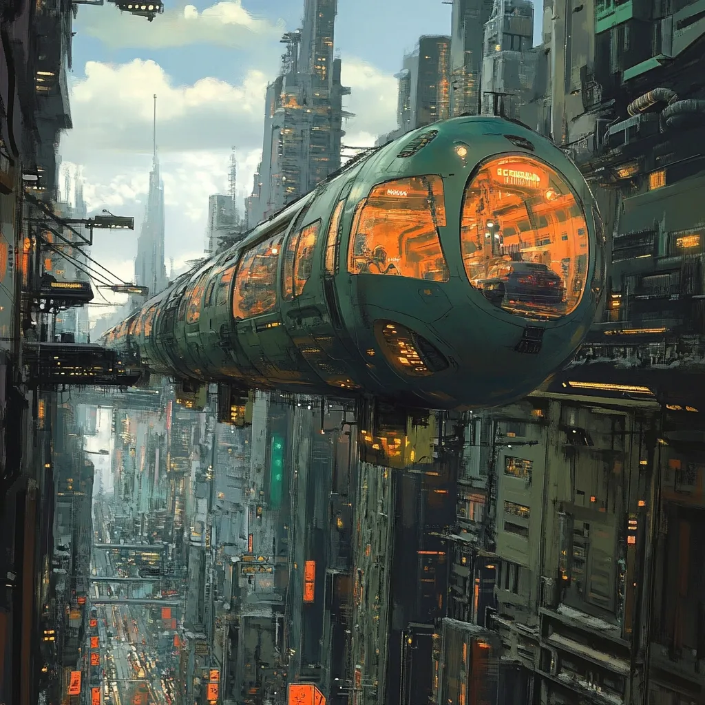 A futuristic cityscape is depicted, with towering, densely packed buildings.  A long, sleek, elevated train car, illuminated from within, traverses the narrow canyon between structures. The train's design is rounded and futuristic, with visible passenger seating.  The overall atmosphere is one of dense urban development and advanced technology.  The color palette is muted with warm orange accents from the train's interior lighting.