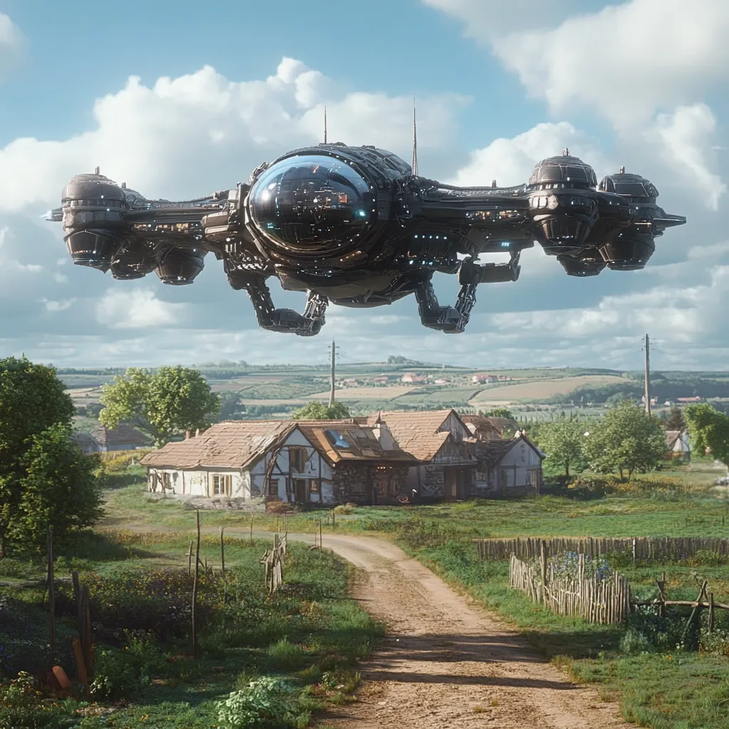 A futuristic, dark-grey spaceship hovers above a quaint, rural village. The spaceship has a large, clear dome in the center and multiple smaller compartments. The village is nestled in a verdant valley, with rolling hills in the background under a partly cloudy sky. A dirt road leads towards the viewer, passing by a rustic house with a damaged roof, suggesting a peaceful yet potentially disrupted scene. The contrast between the advanced technology and the idyllic setting creates a compelling visual narrative.