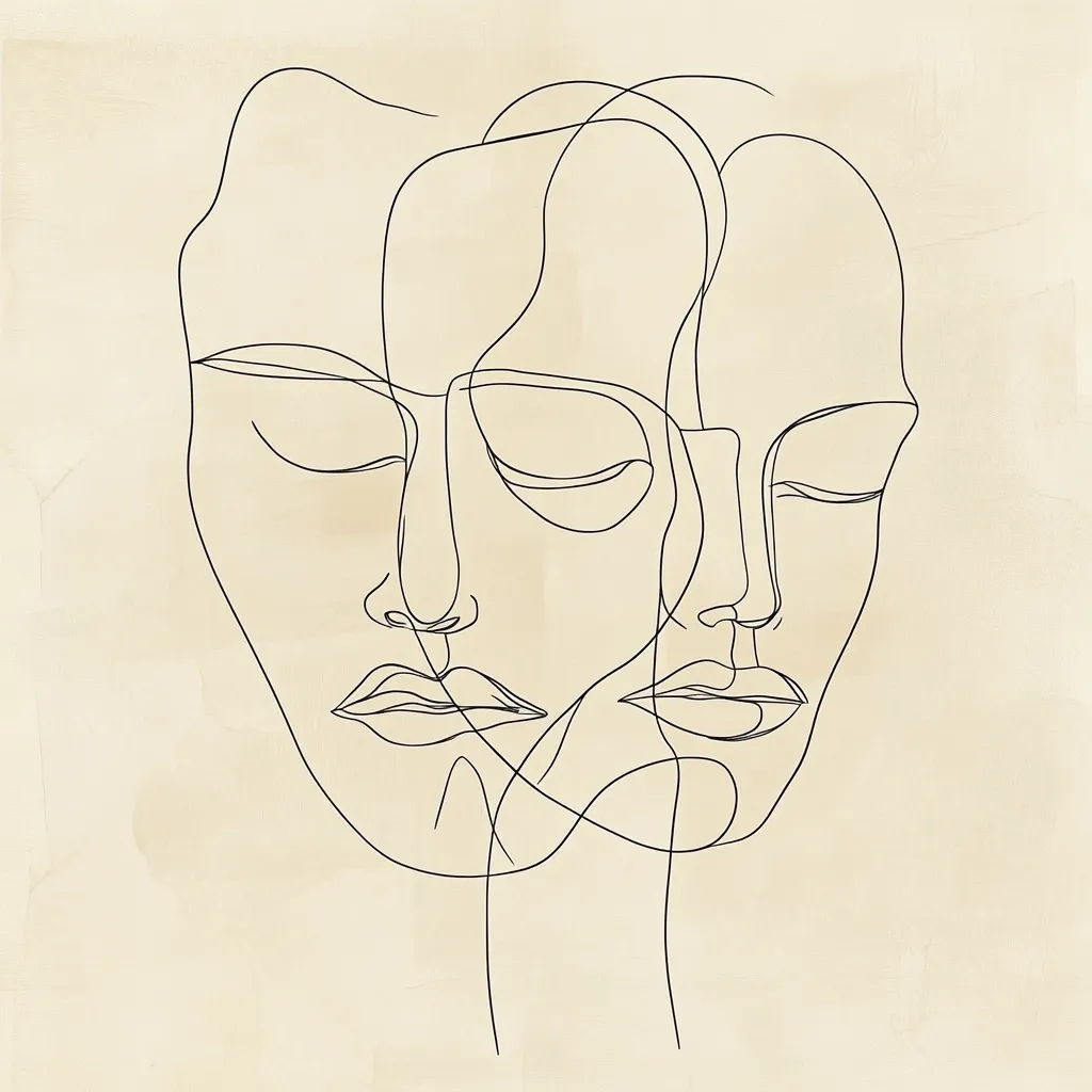 A minimalist line art drawing depicts two overlapping female faces, eyes gently closed, their features subtly merging.  The continuous line style creates a sense of fluidity and connection between the two figures, set against a soft beige background. The artwork evokes a feeling of serenity and contemplation.  The simple yet elegant design is visually appealing.