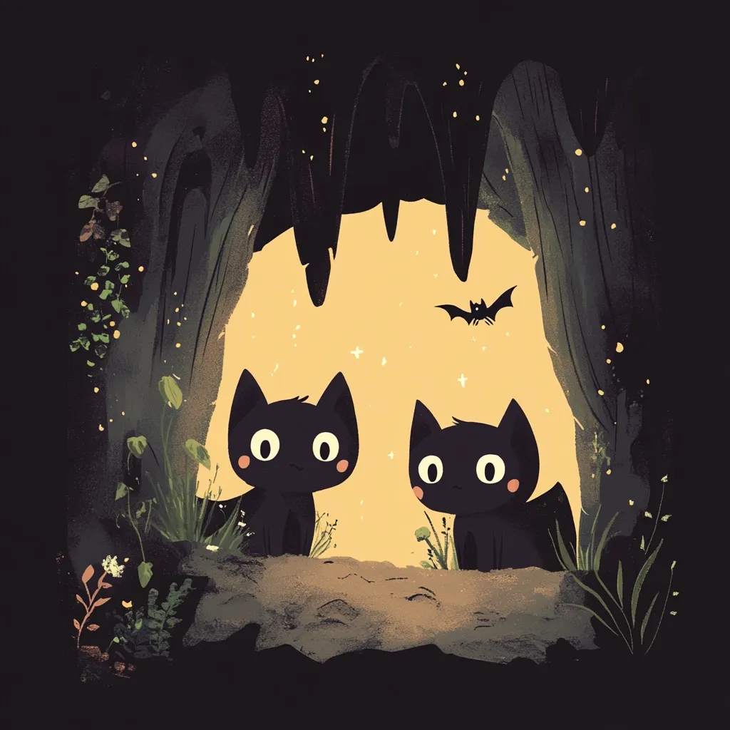 Two adorable black kittens peek out from a dark cave entrance.  A warm, yellow light emanates from within, contrasting the shadowy exterior.  Delicate plants and flowers surround the opening, adding a touch of whimsy. A small bat is silhouetted against the yellow glow, enhancing the enchanting Halloween-like atmosphere. The style is cute and slightly mystical.