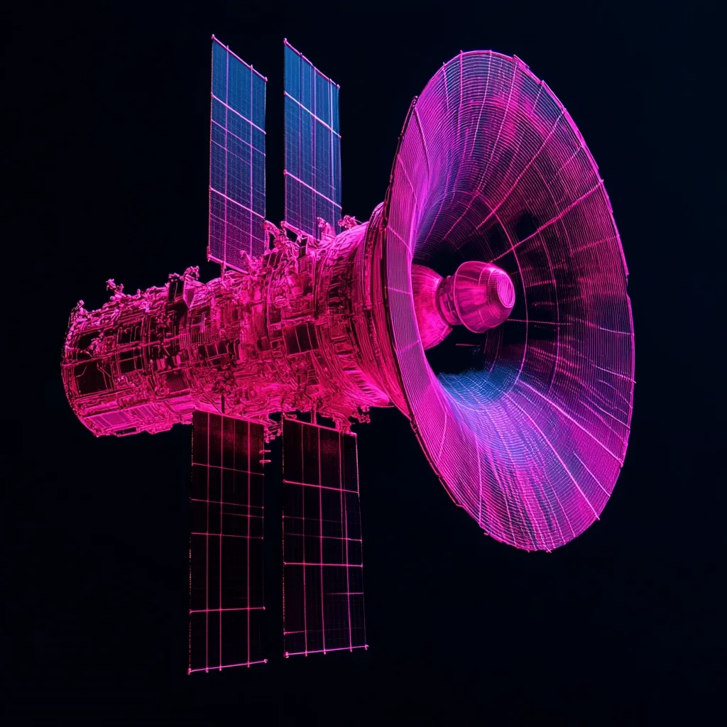 A vibrant, wireframe rendering of a satellite dominates the image.  Rendered in shades of pink and purple against a black background, the satellite features prominent solar panels and a large parabolic antenna. The style suggests a futuristic or digital representation, emphasizing its technological aspects.  The image evokes a sense of technological advancement and space exploration.