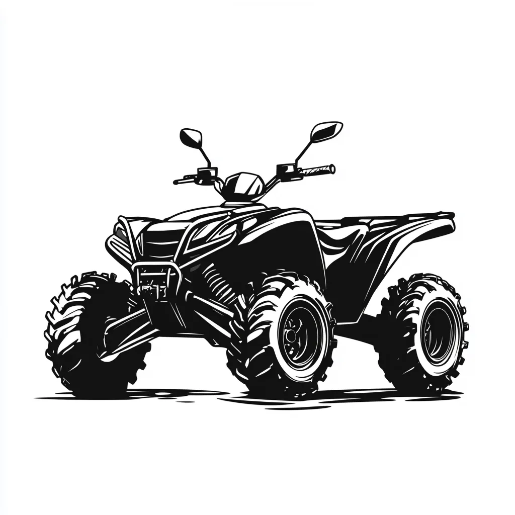 A black and white illustration of an ATV, or all-terrain vehicle.  The quad bike is depicted in a side profile, showcasing its rugged tires and powerful build.  The image is rendered in a bold, graphic style, suitable for a logo or print design.  The ATV appears ready for off-road adventures.