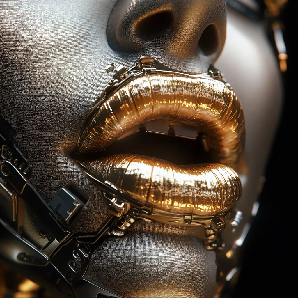 A close-up shot reveals a metallic, possibly robotic, face adorned with gold lips.  The lips are textured, appearing almost like gilded metal, and are framed by intricate, dark metallic mechanisms. The image has a futuristic, almost cyberpunk aesthetic, with a focus on the contrast between the smooth gold and the textured grey metal. The lighting highlights the details of both the lips and the machinery.