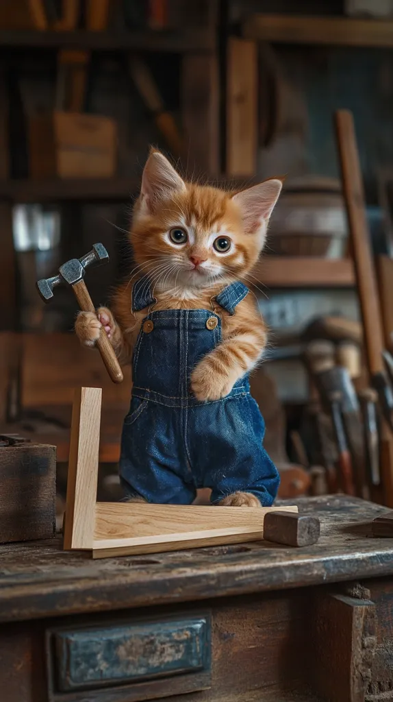 An adorable ginger kitten, dressed in denim overalls, holds a miniature hammer.  It stands on a weathered workbench amongst woodworking tools, seemingly focused on a small piece of wood. The background is a cluttered workshop filled with shelves and tools, creating a charming and whimsical scene.  The kitten's serious expression adds to the humorous image.