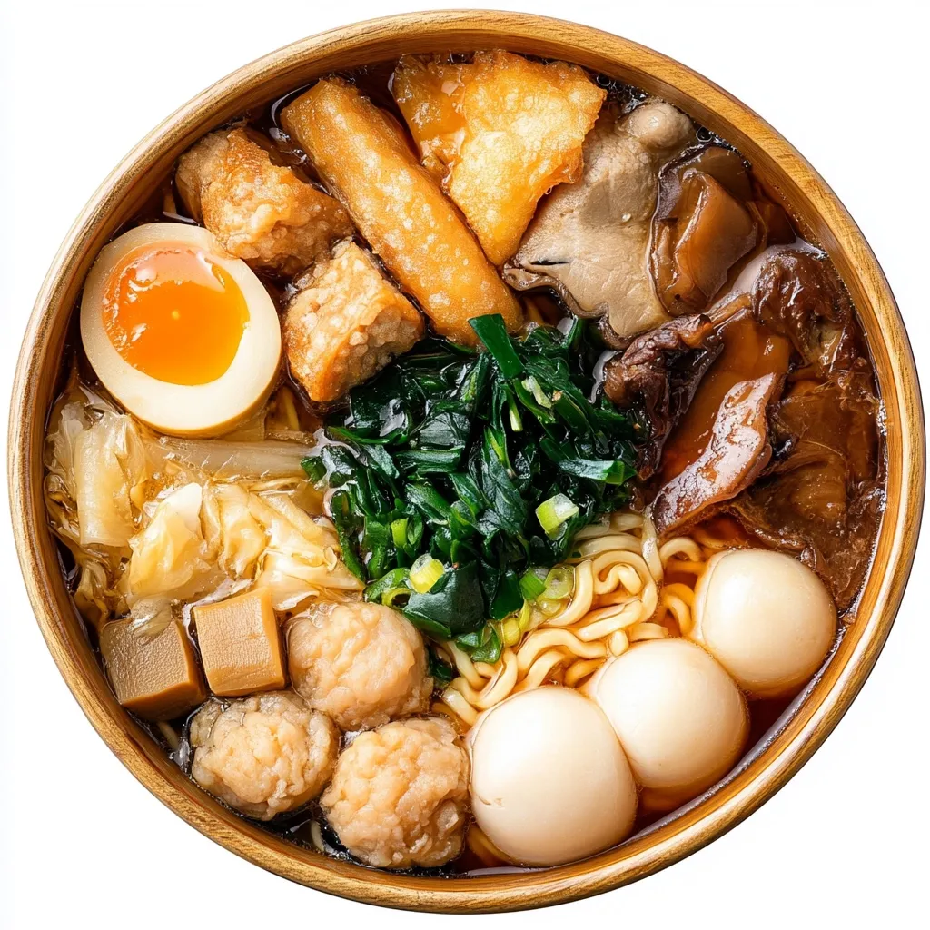 A hearty bowl of ramen features a rich broth brimming with various ingredients.  Fried tofu, soft-boiled eggs, meaty mushrooms, fish cakes, and noodles are visible, alongside leafy greens.  The ramen is served in a rustic wooden bowl, showcasing a visually appealing and diverse array of textures and colors.