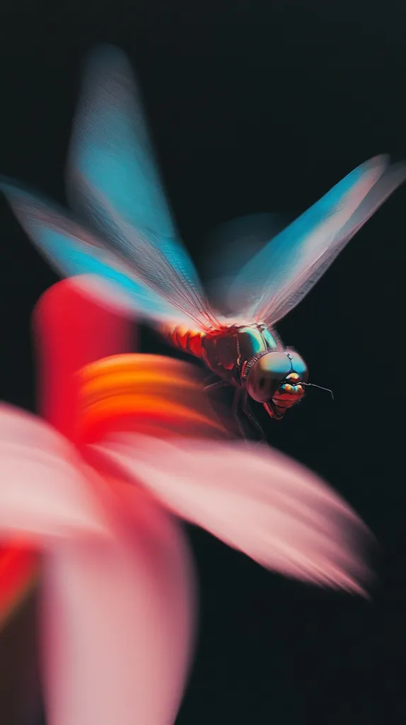 A vibrant dragonfly, with iridescent teal wings, is captured in sharp focus against a blurred backdrop of a pink and orange flower.  The dragonfly's body displays a rich, dark metallic sheen. The dark background emphasizes the insect's striking colors and the delicate motion of its wings. The image evokes a sense of ethereal beauty and the fleeting nature of life.