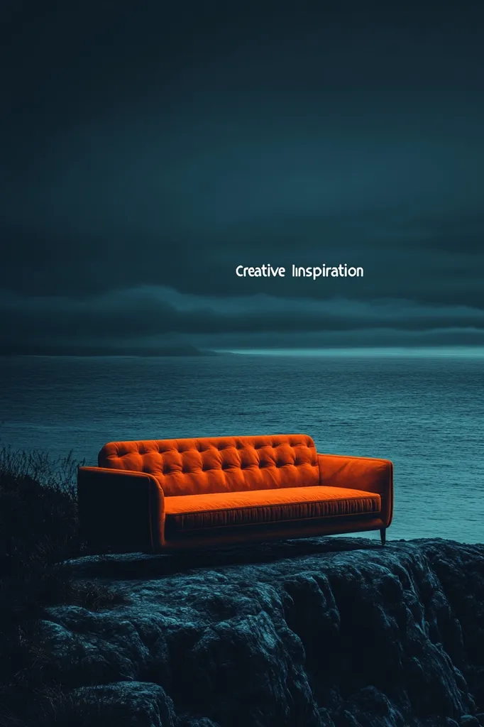 A vibrant orange couch sits serenely atop dark, rocky cliffs overlooking a tranquil, deep blue ocean under a brooding, twilight sky.  The scene is minimalist and evocative, with the text "Creative Inspiration" subtly placed above the waterline. The contrast between the warm couch and the cool landscape creates a visually striking and contemplative image.