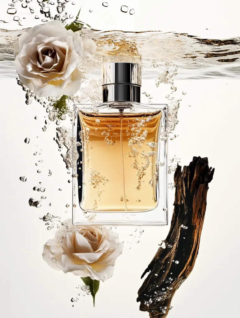 A bottle of amber perfume sits submerged in water, surrounded by bubbles.  Two pale roses and a piece of dark wood float nearby, suggesting the fragrance's notes. The image is clean and elegant, emphasizing the perfume's luxurious quality and natural ingredients.  The water creates a dynamic, refreshing feel.