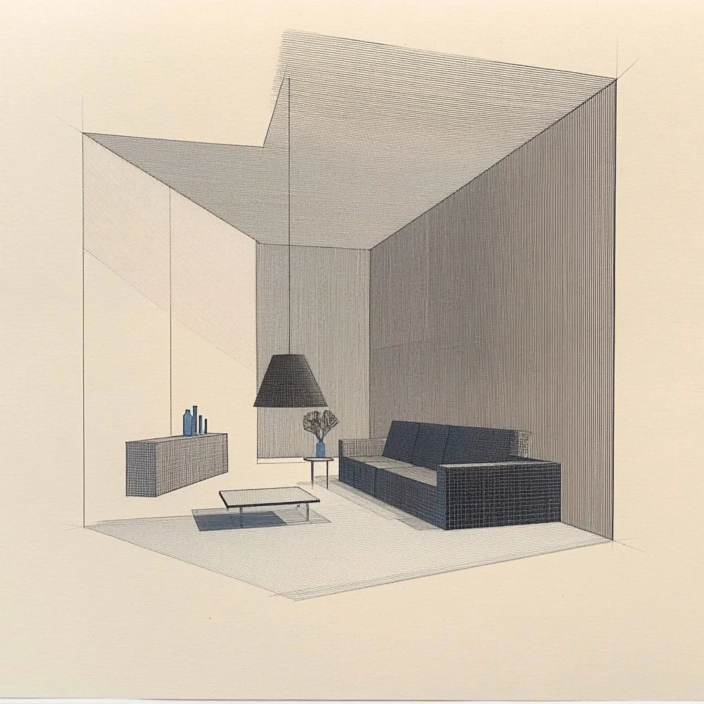 A meticulously detailed line drawing depicts a minimalist living room.  A dark gray sectional sofa sits centrally, facing a glass coffee table.  A slim sideboard holds blue vases. A hanging lamp casts a soft light. The room's architecture is angular and sharply defined, rendered in delicate hatch lines, creating a sense of depth and geometric precision within the beige-toned space.  The overall style is clean, modern, and architecturally focused.