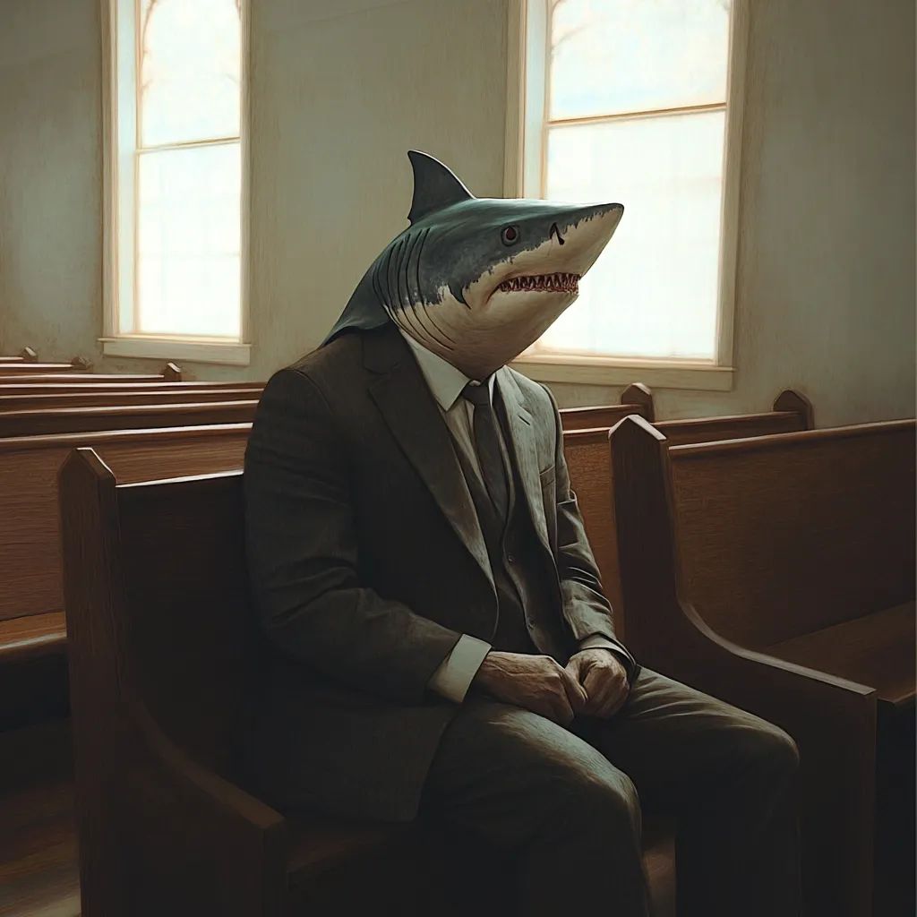 A surreal image depicts a shark's head seamlessly attached to a man in a suit.  The figure sits solemnly in a church pew, the contrast between the predatory shark and the formal attire creating a striking juxtaposition.  The setting is a quiet, dimly lit church, amplifying the unsettling yet intriguing nature of the scene. The artwork evokes a sense of mystery and contemplation.
