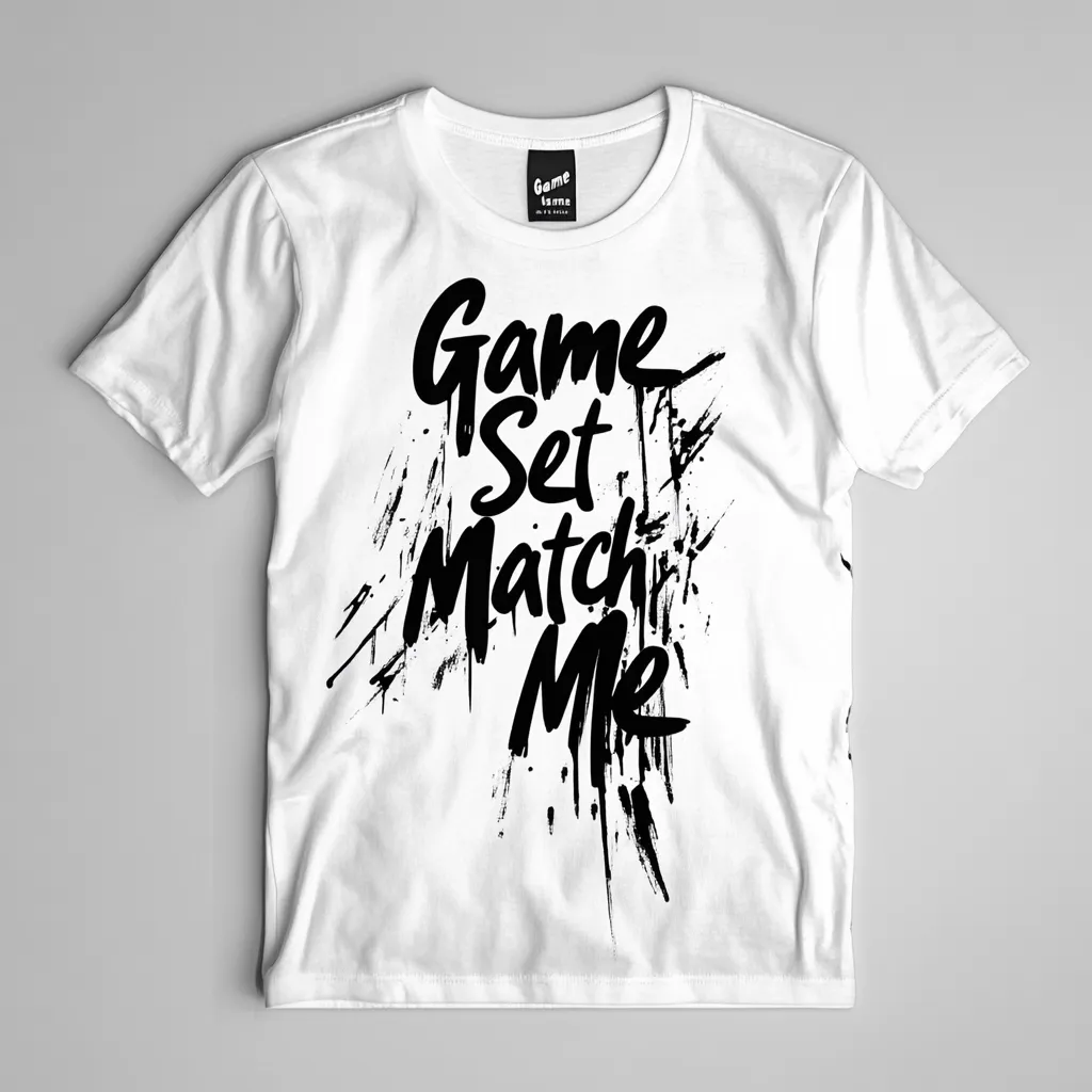 A white t-shirt features a bold, black graphic design.  The words "Game Set Match Me" are stylized in a brush-stroke font, with paint splatters adding a dynamic effect. The design is vertically oriented, creating a striking visual impact.  A small, barely visible logo is present near the neckline.  The overall aesthetic is modern and edgy.