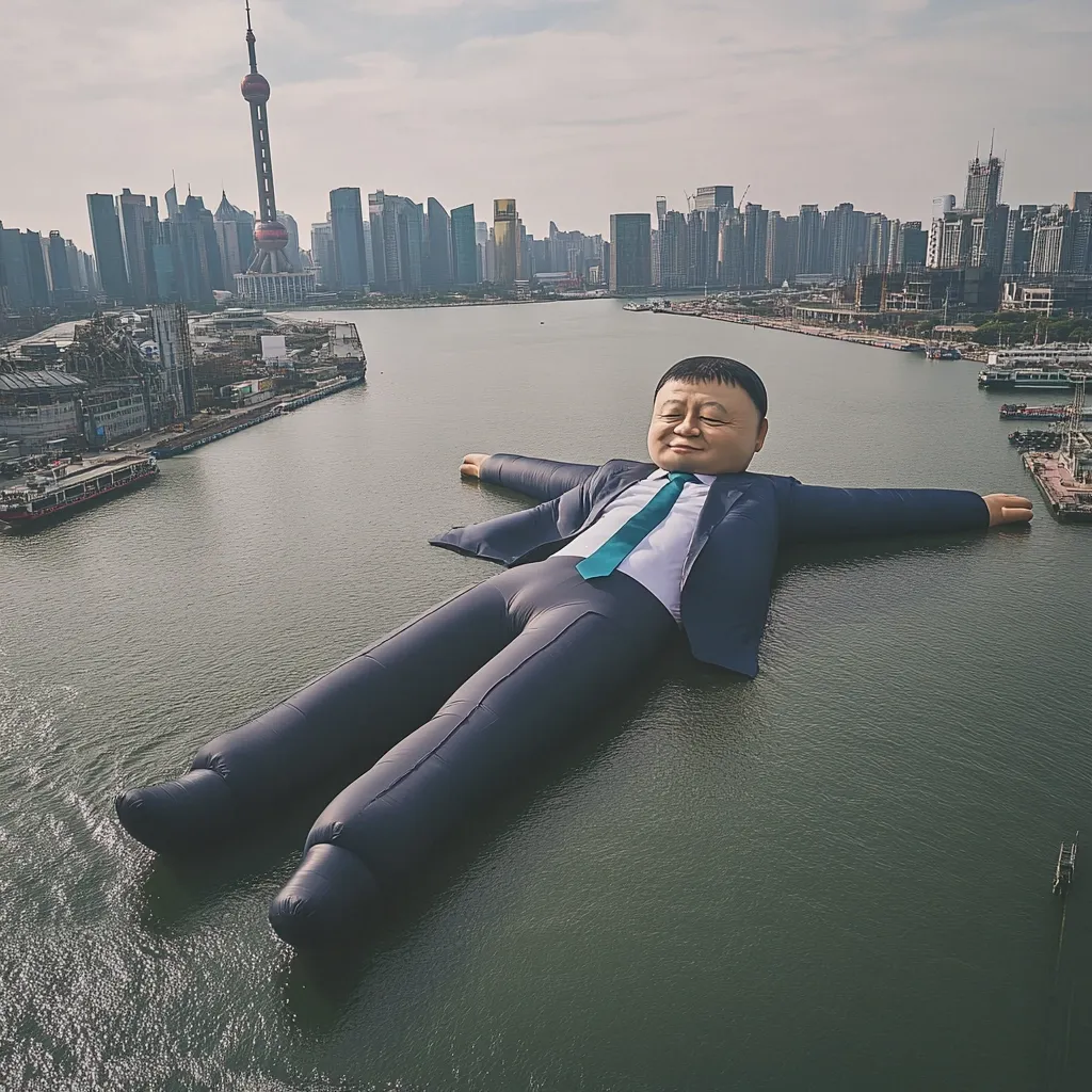 A giant inflatable figure of a man in a suit floats on the water.  His arms are outstretched, and he appears relaxed. The backdrop features the Shanghai skyline, including the iconic Oriental Pearl Tower. The image contrasts the vast urban landscape with the oversized, almost comical, inflatable figure.  The scene is serene despite the urban setting.