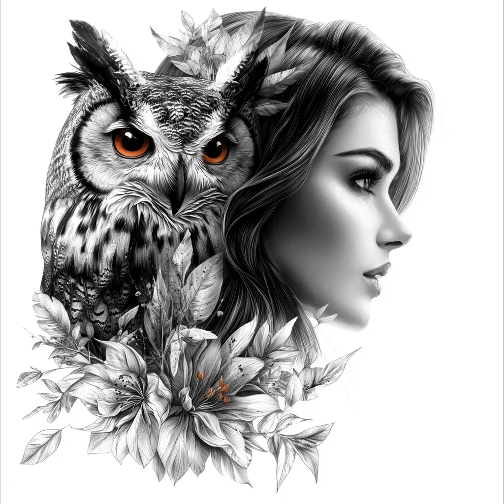 A stunning grayscale drawing depicts a woman's profile intertwined with a majestic owl.  Her long hair flows behind the owl, which is rendered with intricate detail, showcasing its piercing orange eyes.  Delicate floral elements, including large blossoms and leaves, frame the composition, creating a harmonious blend of nature and feminine beauty. The overall style is artistic and evocative.