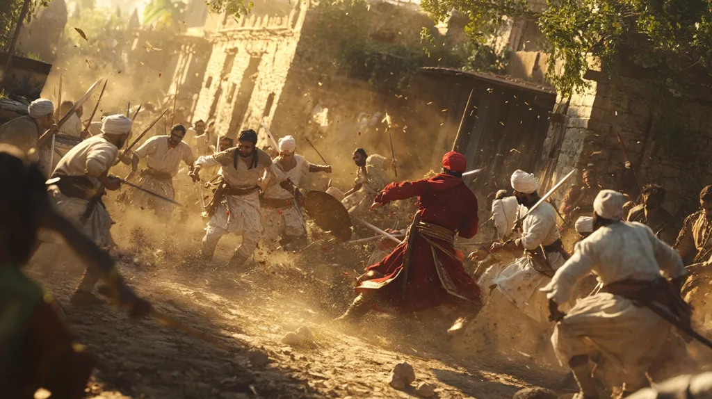 A chaotic, dust-filled street battle unfolds.  Warriors, many wearing turbans and flowing robes, clash with swords and spears.  A man in red stands out amidst the melee, his movements dynamic.  The setting appears to be a crumbling village or town, suggesting a historical or period piece.  The scene is filled with action and intensity.