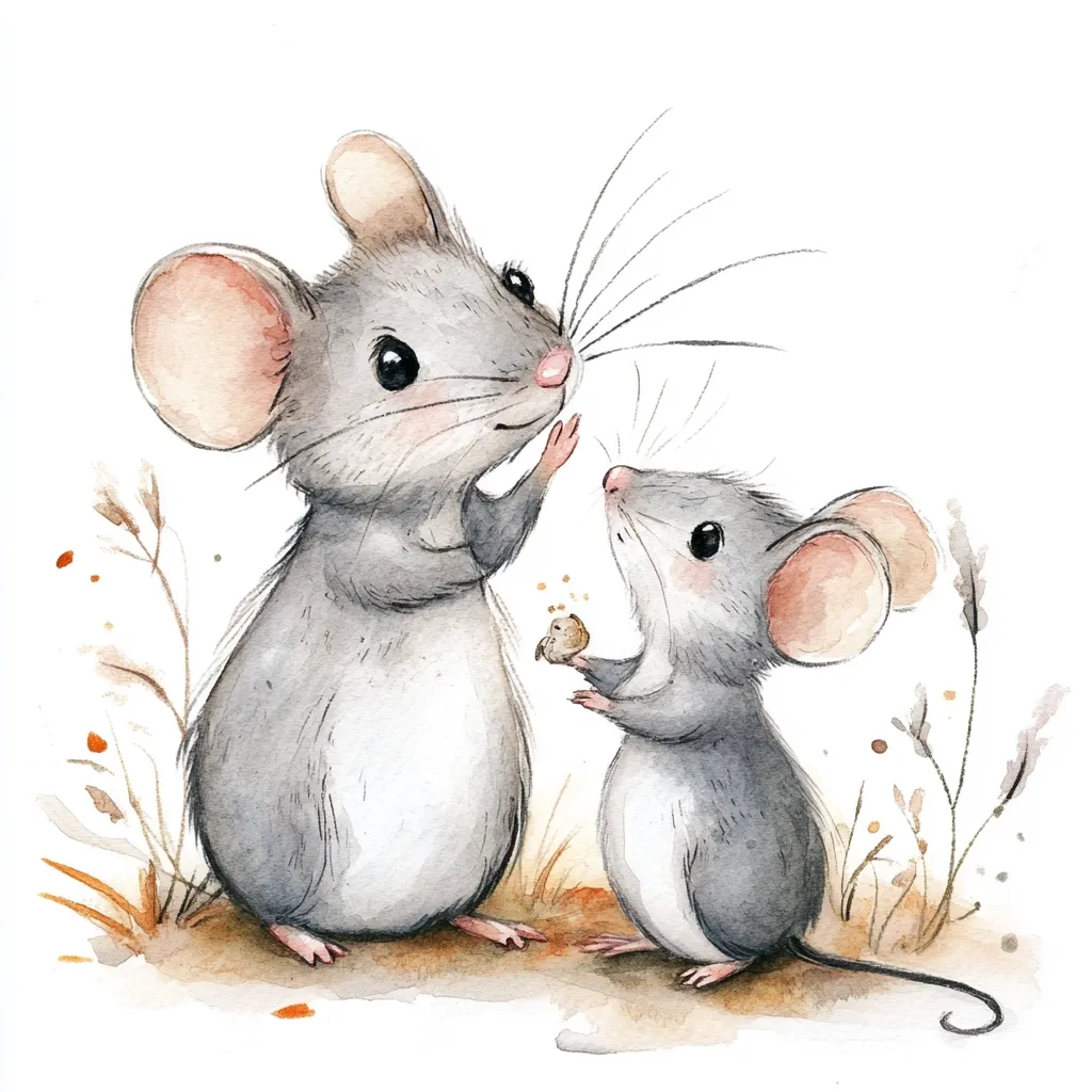 A watercolor painting depicts two adorable mice in a field.  The larger mouse, standing upright, appears to be offering a small seed or nut to a smaller mouse.  Both mice are grey with large ears and expressive eyes.  Delicate watercolor washes create a soft, charming scene with subtle autumnal tones in the background grasses.