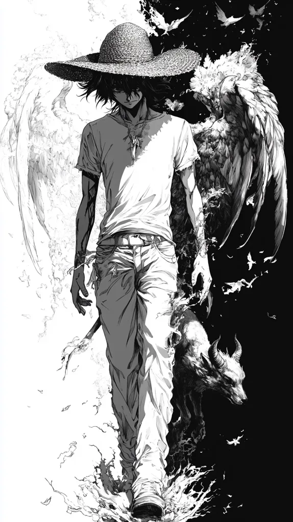 A monochromatic illustration depicts a young man with long hair, wearing a wide-brimmed hat and loose clothing. He strides forward, seemingly emerging from or dissolving into a dynamic swirl of light and shadow.  Behind him, ethereal forms suggest angelic wings on one side and a demonic, horned creature on the other, symbolizing a duality or internal conflict.  The style is reminiscent of manga or graphic novel artwork.