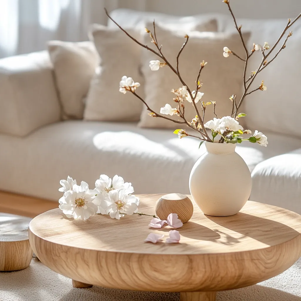 A minimalist living room scene features a light beige sofa with plush cushions.  A low, round wooden coffee table sits in the foreground, adorned with a white vase holding delicate white blossoms and a small wooden object.  More white blossoms rest on the table, adding to the serene, sunlit atmosphere. The overall aesthetic is calming and subtly elegant.