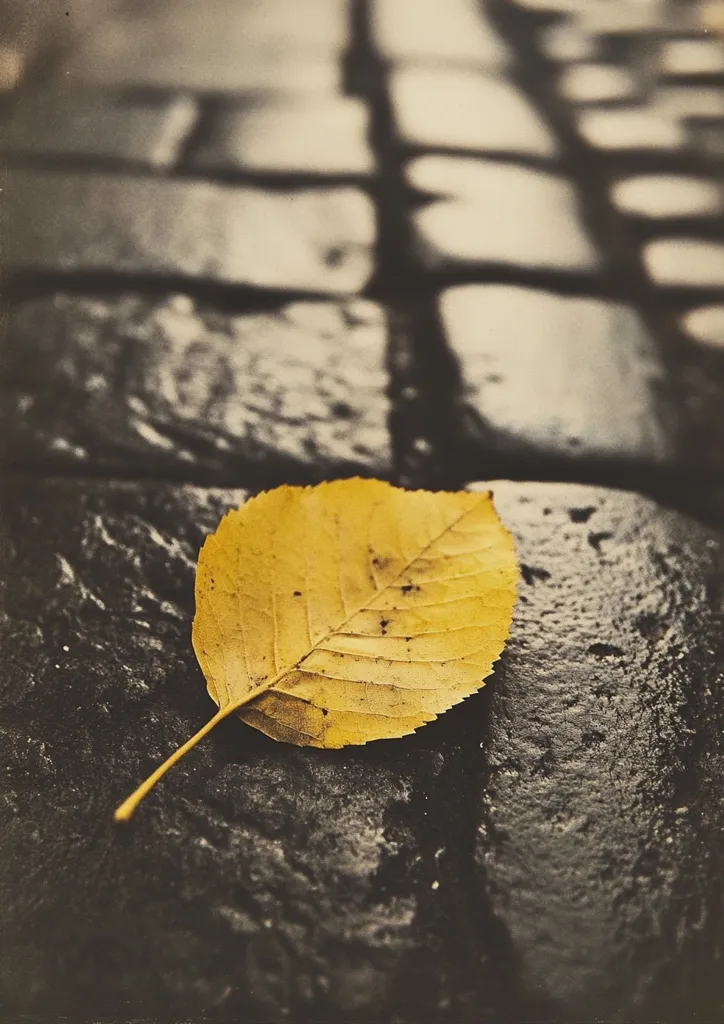 A single, pale yellow leaf rests on a dark, wet cobblestone street.  The leaf's veins are clearly visible, and its color contrasts sharply with the dark grey stones. The focus is on the leaf, with the blurred background suggesting a city street on a fall day.  The overall mood is somber and reflective.