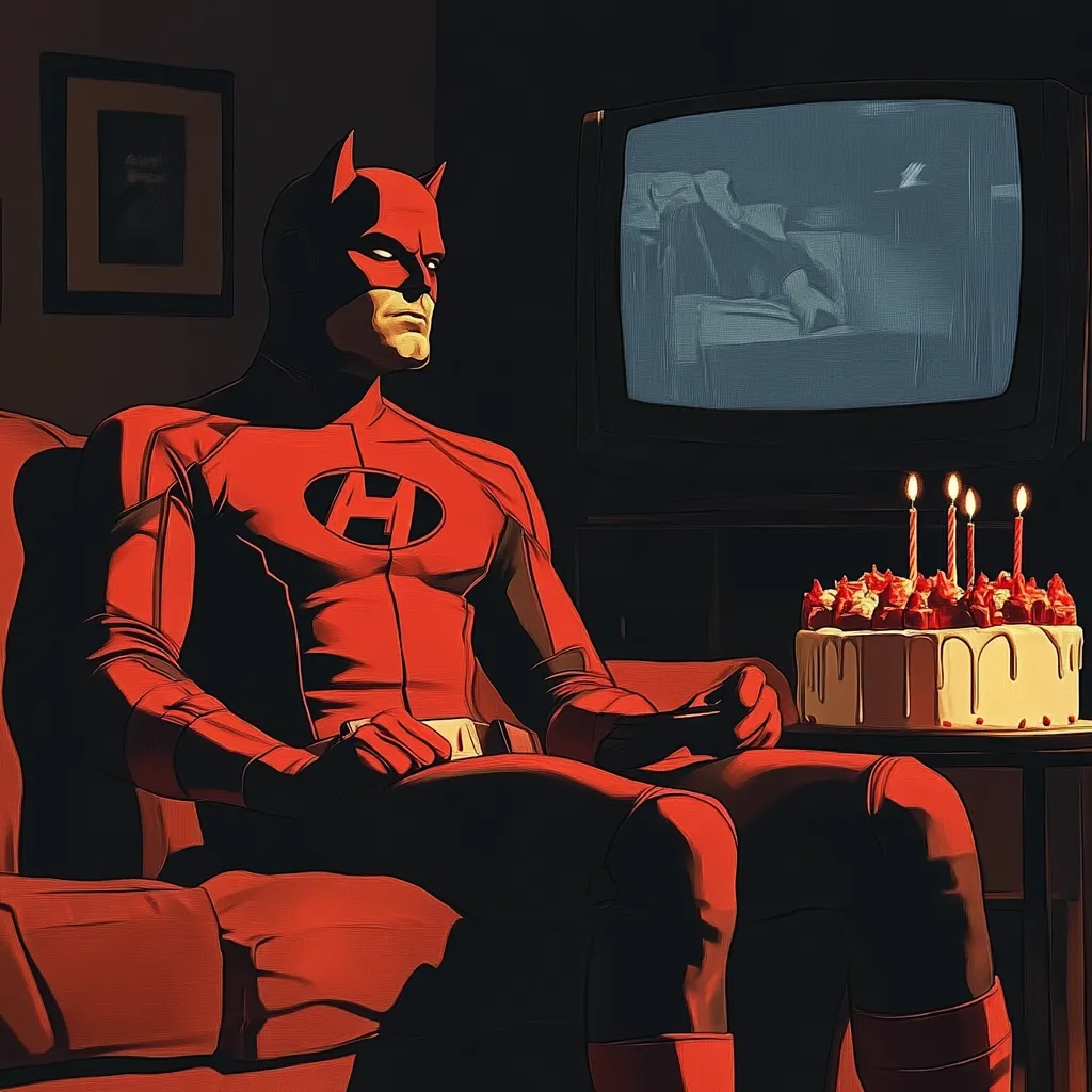 A superhero, clad in a crimson suit emblazoned with a stylized "A," sits pensively on a red couch.  A television flickers behind him, displaying a blurry scene.  On a nearby table, a birthday cake with lit candles sits untouched. The overall mood is somber, suggesting a moment of quiet reflection or loneliness. The artwork is stylized, with a focus on shadows and bold colors.