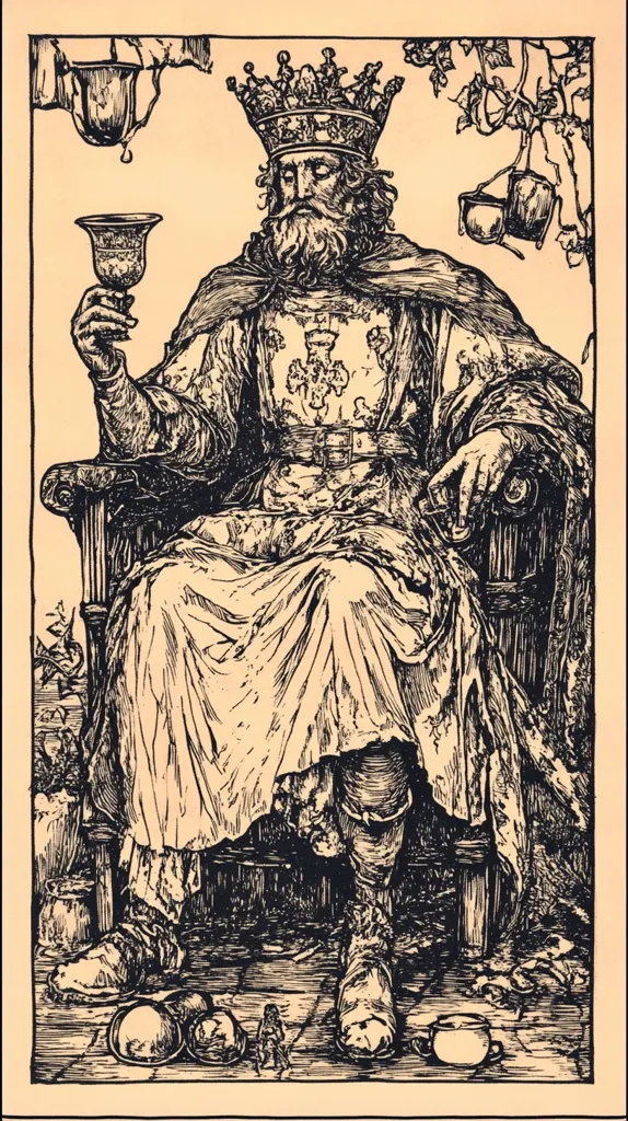 A black and white illustration depicts a crowned king seated on a throne, holding a goblet. He is heavily robed, with a long beard and stern expression.  Above and around him hang various vessels, suggesting abundance or perhaps foreshadowing. The king's large size dwarfs the tiny figures at his feet. The style is reminiscent of antique woodcuts or engravings.