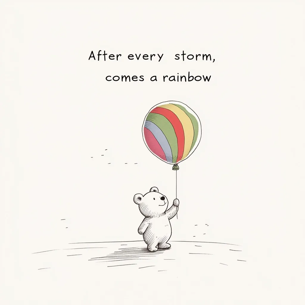 A minimalist illustration shows a small, white bear holding a rainbow-striped balloon.  The text "After every storm, comes a rainbow" is displayed above. The image conveys a hopeful message of resilience and optimism after difficult times, using a simple, charming style.  The bear's posture suggests joy and anticipation.