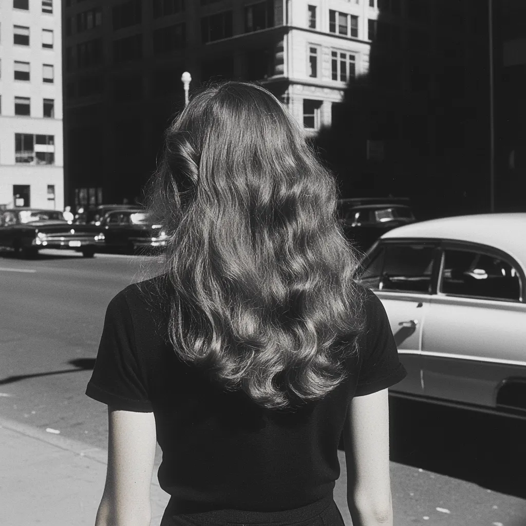 A black and white photograph captures a woman from behind, her long, wavy hair cascading down her back. She's dressed in a simple black short-sleeved shirt and stands on a city street, with classic cars and tall buildings forming a blurred backdrop.  The contrast between the sharp detail of her hair and the softer focus of the urban setting emphasizes her presence.  The image evokes a sense of quiet contemplation and mid-century urban life.