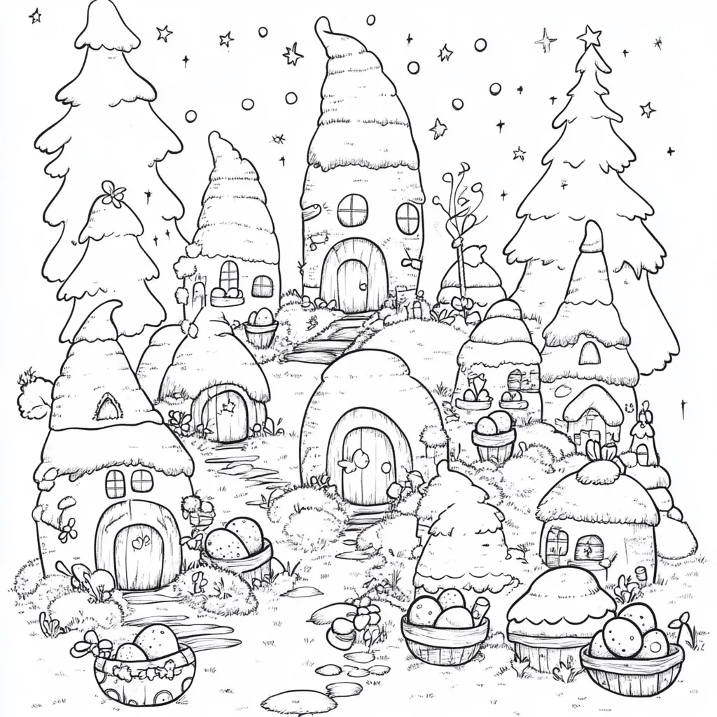 A whimsical, black and white illustration depicts a charming village nestled amongst rolling hills and evergreen trees.  Quaint, mushroom-like houses with doors and windows are scattered throughout the scene, some featuring baskets overflowing with eggs.  A pathway winds through the village, under a starry night sky. The style suggests a fairytale or children's book setting.