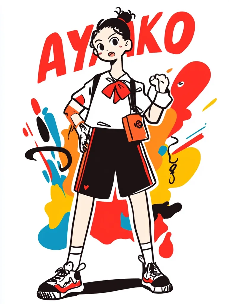 A vibrant illustration of Ayako, a girl with dark hair in a topknot, wearing a white shirt with a red bow, black shorts, and sneakers.  She's depicted with a determined expression, one fist clenched. The background is a splash of colorful, abstract shapes in red, yellow, and blue, creating a dynamic and energetic feel. Her name, "AYAKO," is boldly written above her.