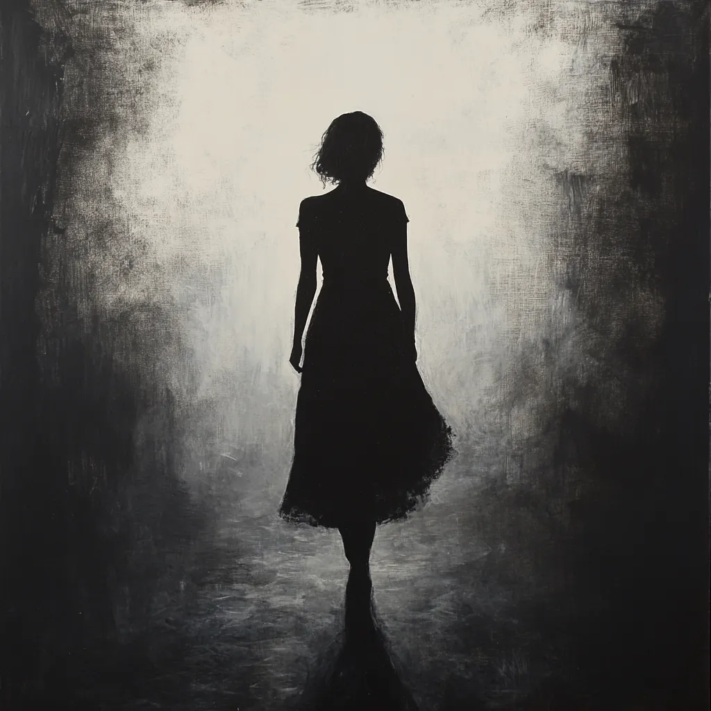 A monochromatic painting depicts a woman in a dark dress, walking towards a brighter area.  Her silhouette is stark against the hazy, textured background, which transitions from dark gray to a lighter off-white. The overall mood is somber yet hopeful, suggesting a journey into the unknown or a move towards light after darkness. The style is expressive and evocative, utilizing contrast and texture to create a powerful visual narrative.
