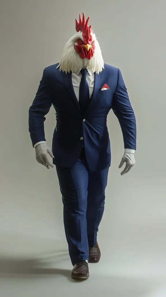 A muscular figure with a rooster's head walks confidently in a dark blue suit.  The contrast between the bird's head and the human body in formal attire creates a surreal and humorous image. The rooster's head is lifelike and detailed, contrasting with the serious expression suggested by the suit and posture.  The overall effect is both unexpected and striking.