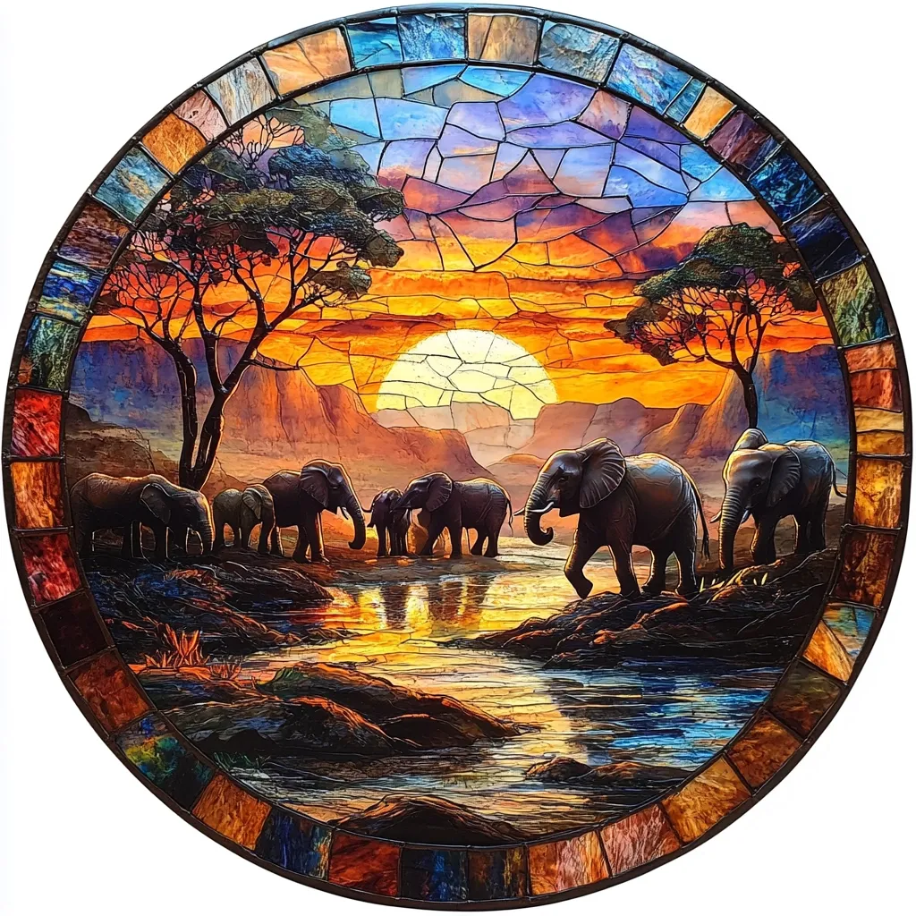 A stunning circular stained-glass artwork depicts a serene African sunset.  A herd of elephants gracefully gather at a watering hole, silhouetted against a vibrant orange and purple sky.  The setting sun is a focal point, its light reflecting on the water.  Detailed trees and rocky terrain complete the scene, all rendered in a mosaic of colorful glass pieces.  The rich colors and intricate details create a breathtaking piece.