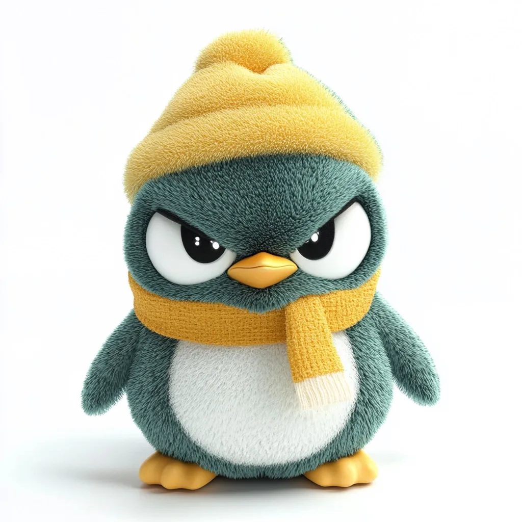 A 3D-rendered image of an angry-looking penguin.  The fluffy penguin is teal, wearing a mustard-yellow knit hat and matching scarf. Its eyes are narrowed in a fierce expression. The overall style is cute yet grumpy, creating a humorous contrast. The penguin stands against a plain white background.