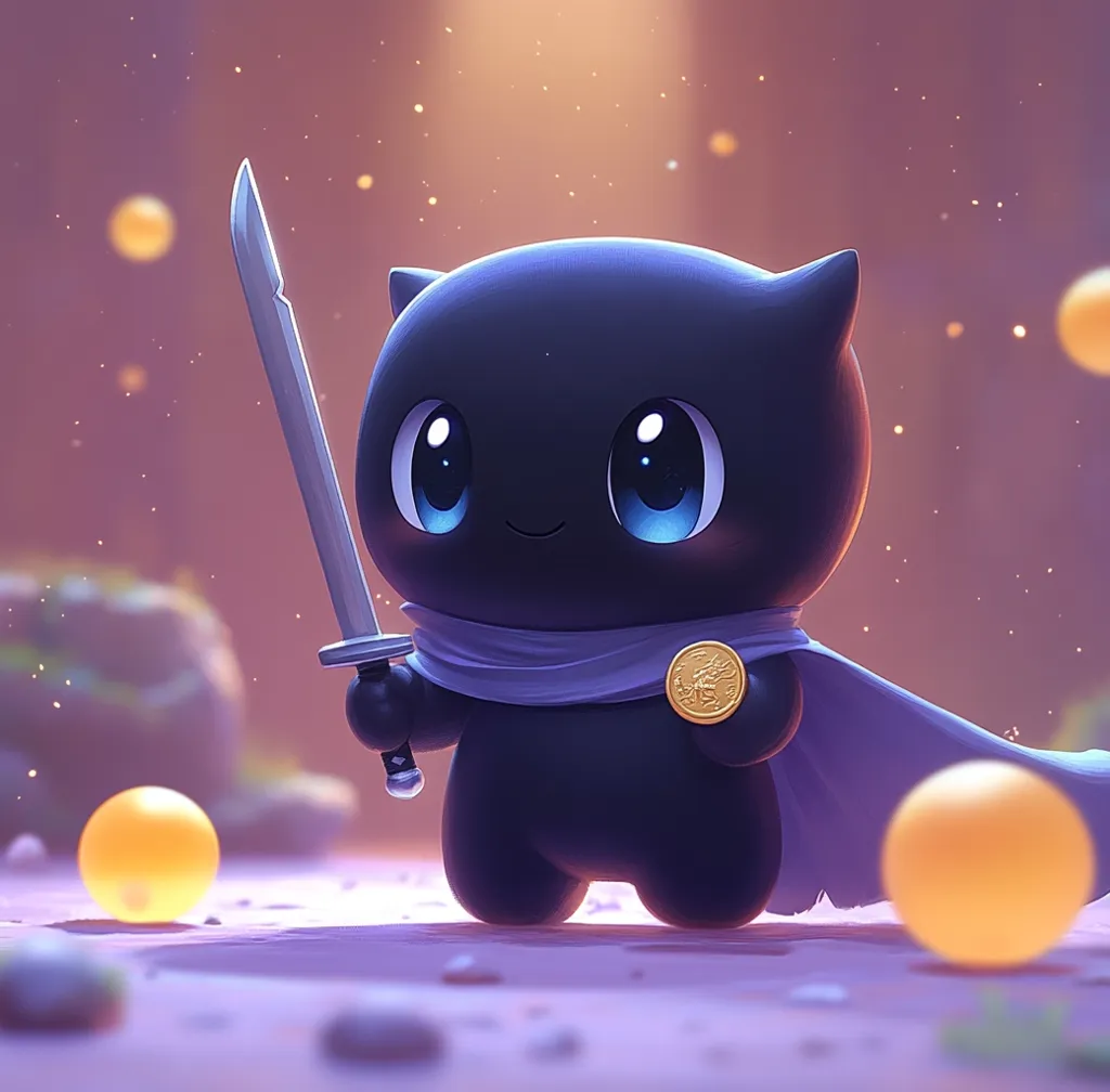 A cute, black, chibi-style creature with large blue eyes holds a silver sword.  It wears a purple cape and carries a gold coin.  The character is depicted in a soft, whimsical landscape with glowing orbs scattered around. The overall aesthetic is charming and slightly mysterious.