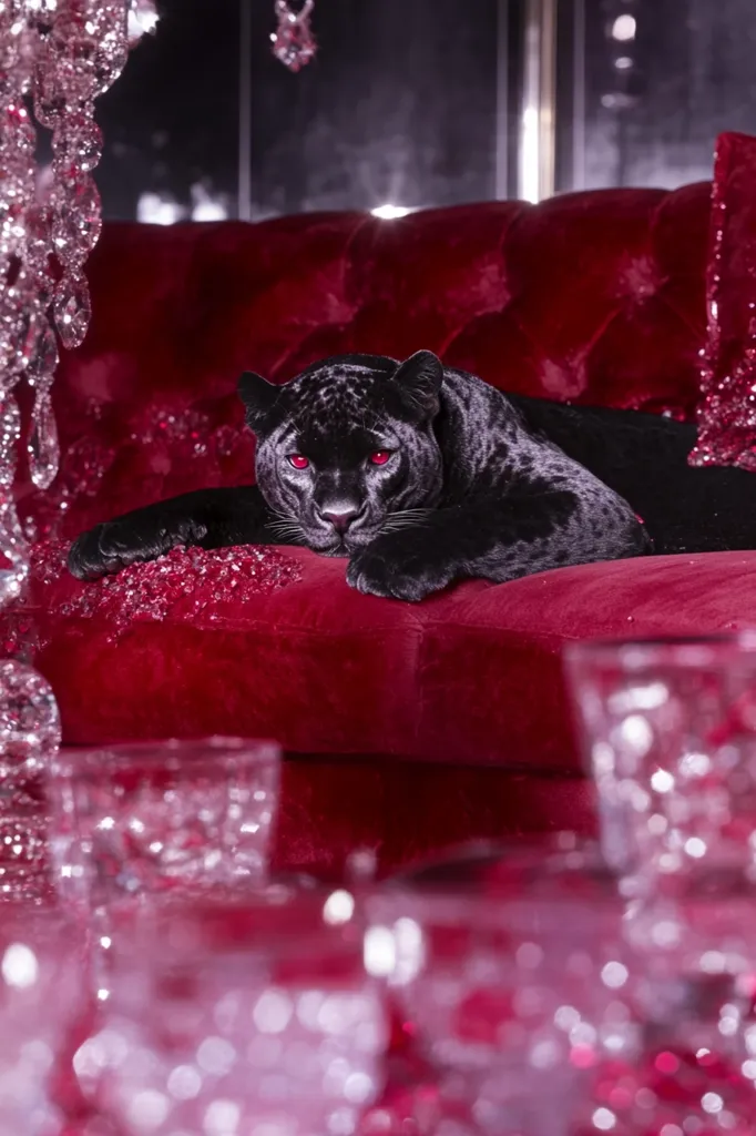 A black panther with piercing red eyes rests languidly on a plush crimson velvet couch.  The opulent setting is enhanced by sparkling crystal glasses and a shimmering chandelier in the background, creating a luxurious and dramatic scene.  The panther's dark fur contrasts sharply with the rich red of the furniture, drawing the viewer's attention to its powerful presence.