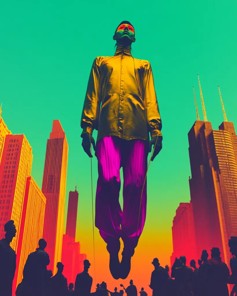 A stylized image depicts a figure, seemingly suspended mid-air by jump ropes, against a vibrant cityscape.  The figure is dressed in a gold long-sleeved shirt and purple pants, with colorful face paint.  The city buildings are rendered in warm, contrasting oranges and reds, set against a teal sky. The overall style is bold and graphic, possibly representing a surreal or futuristic setting.  A crowd of silhouetted figures observes from below.