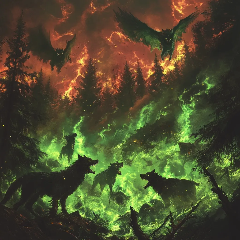 A fiery, apocalyptic scene unfolds in a dark forest.  Two large, demonic-looking birds soar overhead amidst a raging inferno of orange and red flames. Below, several shadowy wolves howl, engulfed in an eerie, vibrant green fire.  The contrast between the warm fire above and the cool green flames below creates a dramatic and ominous atmosphere.  The overall image evokes a sense of mythical battle and impending doom.