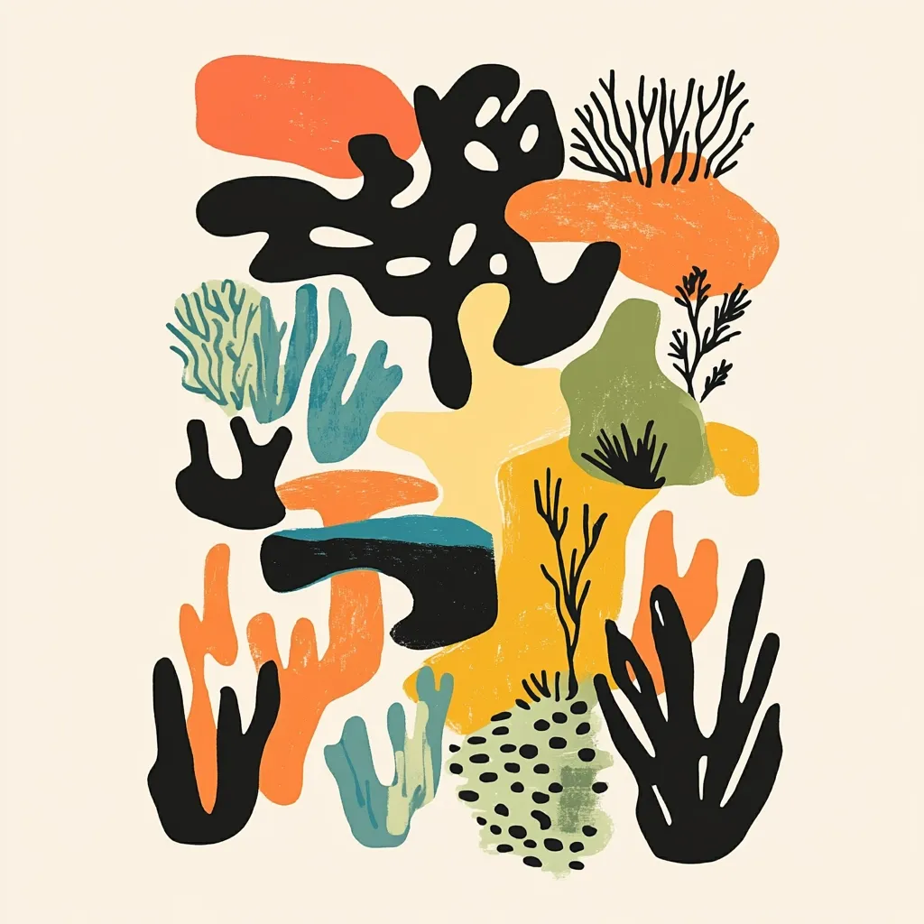 An abstract artwork featuring a vibrant collection of stylized coral and seaweed.  Bold, organic shapes in a range of warm and cool colors—orange, teal, yellow, black, and green—are layered to create a dynamic, almost underwater scene. The style is reminiscent of mid-century modern design with a contemporary, hand-painted feel. The composition is dense but balanced, offering a playful yet sophisticated aesthetic.