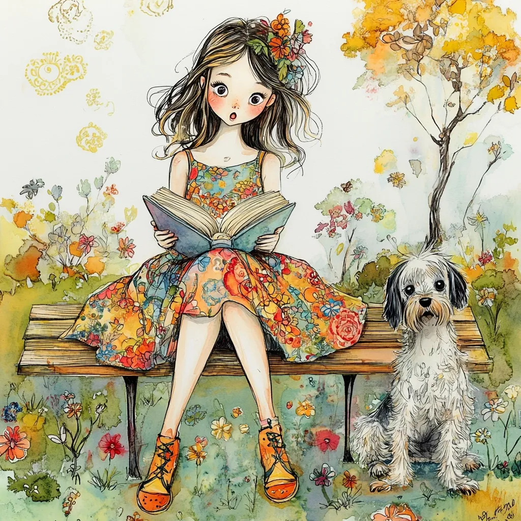 A watercolor illustration depicts a girl with long brown hair adorned with flowers, sitting on a park bench. She's wearing a vibrant floral dress and orange boots, engrossed in reading a book. A small, fluffy dog sits beside her, adding to the serene, whimsical scene filled with colorful wildflowers and a blossoming tree in the background. The overall style is charming and evocative of childhood innocence.