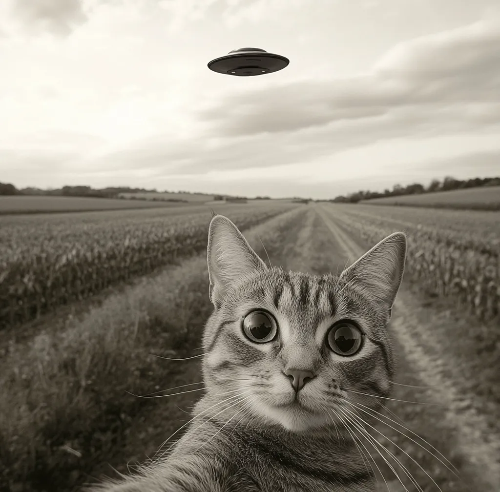 A sepia-toned image shows a tabby cat in a field, seemingly taking a selfie.  Its large, wide eyes are focused on the viewer, while a small UFO hovers in the distance above a long country road. The cat's expression suggests surprise or curiosity, creating a humorous and slightly surreal scene. The overall mood is whimsical and playful.