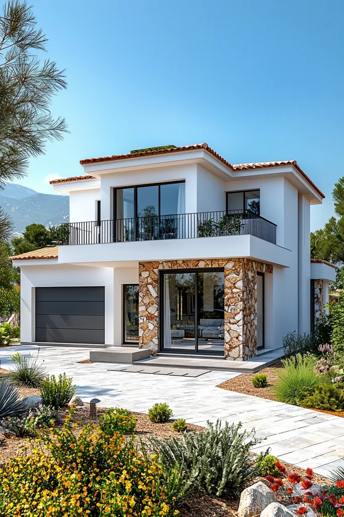 A modern two-story house with clean white walls and a gray garage door sits on a landscaped lot.  The upper level features a balcony with black railings.  A stone accent wall partially encloses the ground floor's large glass doors, leading to a visible interior.  The property is surrounded by drought-tolerant landscaping, and mountains are visible in the background.  The overall style is contemporary Mediterranean.