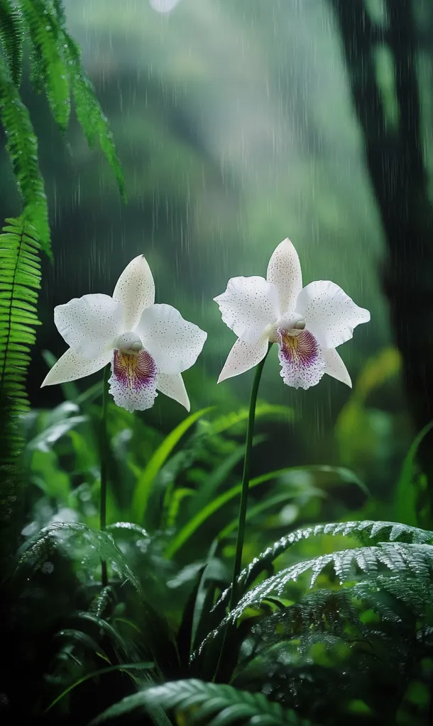 Two pristine white orchids, speckled with delicate dots, bloom amidst a lush, rain-soaked rainforest.  Rain droplets cling to their petals and the vibrant green foliage surrounding them. The scene evokes a sense of tranquility and the beauty of nature's resilience in the face of a gentle downpour.  The deep green background is blurred, drawing focus to the orchids in the foreground.