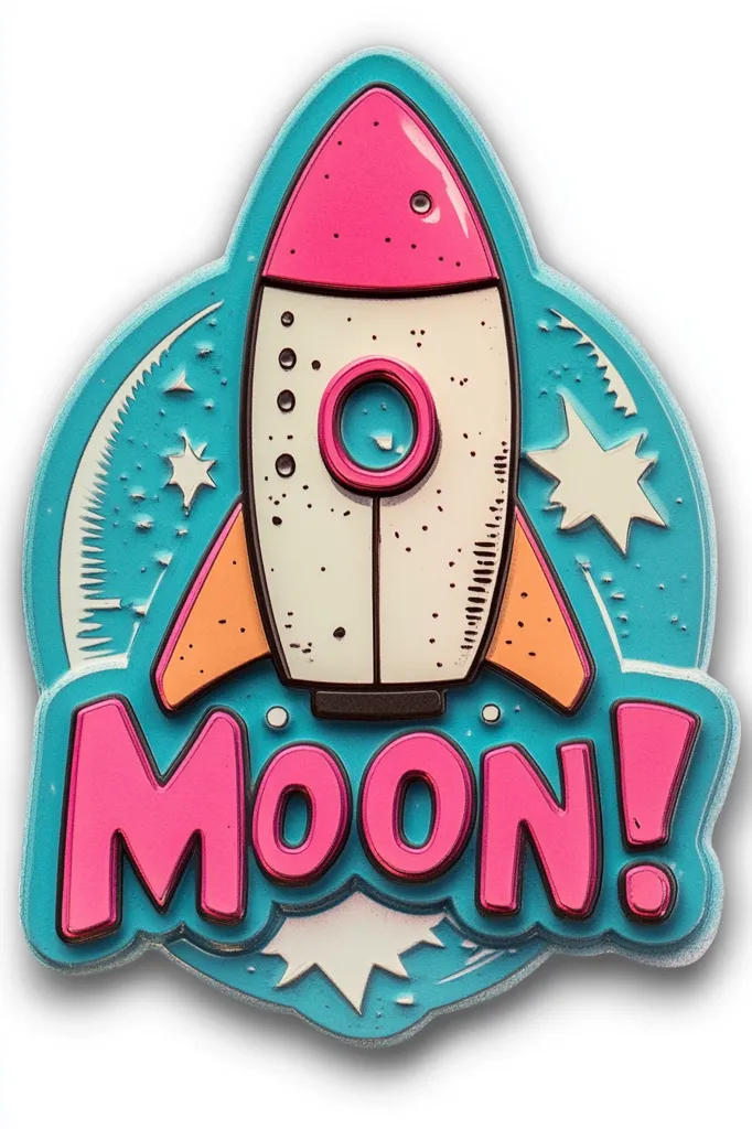 A vibrant, cartoon-style rocket ship, predominantly pink and white, is depicted against a teal background.  The rocket is launching towards a stylized moon and stars.  The word "MOON!" is prominently displayed in bold, pink, 3D lettering below the rocket, adding a playful, energetic feel to the design.  The overall aesthetic is reminiscent of retro comic book art.